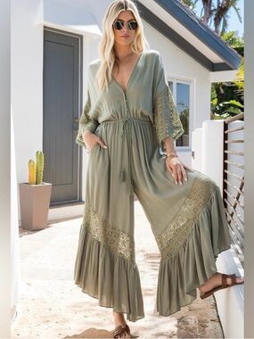 Sweet Lovely by Jen Sage Green Lace Bell Sleeve Jumpsuit Boho Festival 1XL